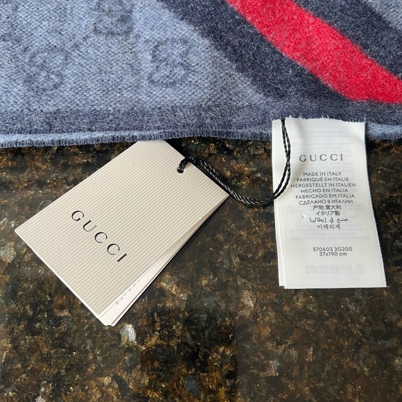 New With Tags Gucci Nikky Wool Alpaca Monogram Web Blue Scarf With Red Stripe - Picture 5 of 7